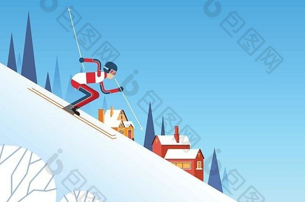 男人。滑雪下坡冬天体育运动雪山背景