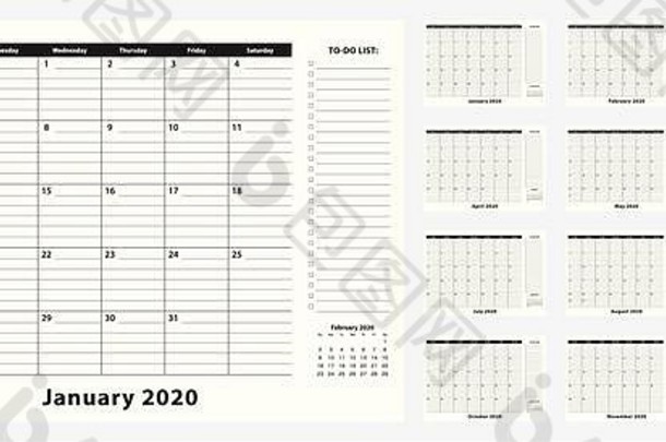 每月业务桌子上垫日历一年月日历规划师待办事项列表的地方笔记黑色的白色设计