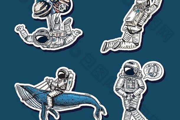 集宇航员空间贴纸集合飙升的宇航员鲸鱼气球舞者音乐家冒险星系无家可归的人旅行者刻手画漫画草图