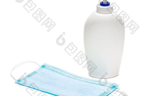 瓶奶油乳液洗手液液体肥皂保护面具孤立的白色背景