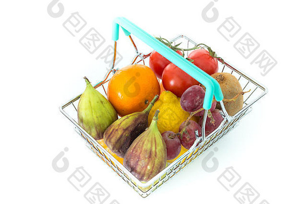 购物沐浴水果蔬菜白色背景概念健康的营养支持饮食