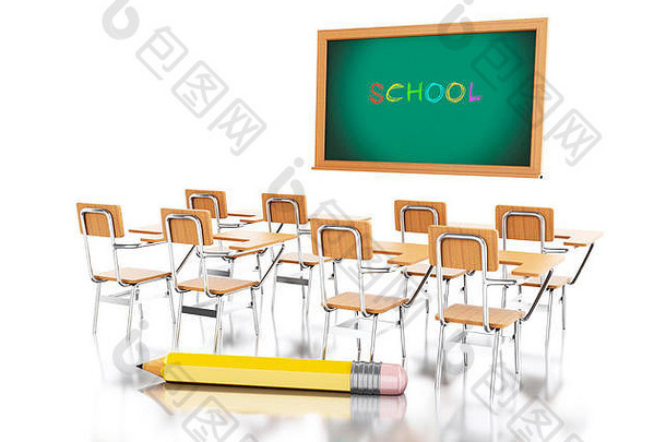 渲染器图像学校椅子黑板铅笔教育概念孤立的白色背景