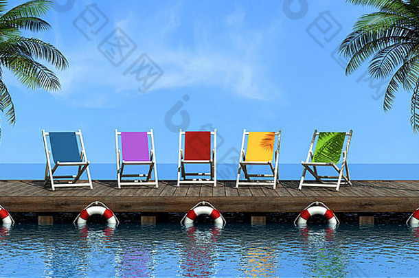 色彩斑斓的帆布躺椅木板路呈现