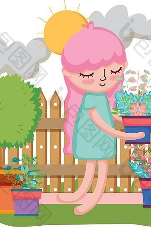 女孩提升室内植物栅栏花园