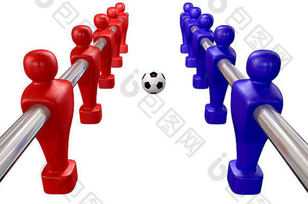 桌上足球球员蓝色的红色的团队竞争足球球孤立的背景