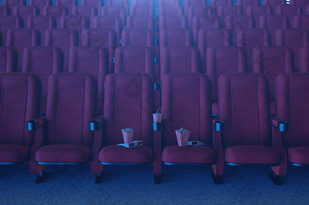 电影电影概念爆米花眼镜爆米花杯喝电影概念蓝色的光红色的椅子电影大厅