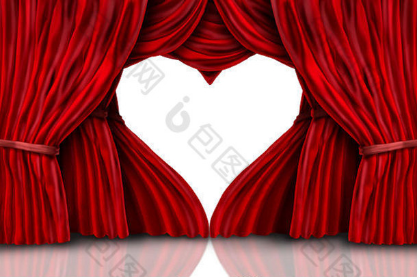 情人节一天红色的天鹅绒窗帘白色浪漫的阶段窗帘形状的心插图