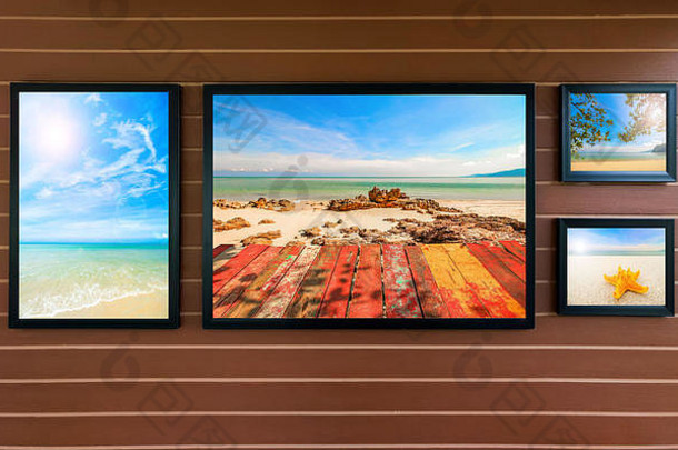 假期海滩摄影图片帧棕色（的）木墙背景