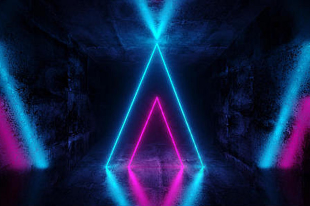 科幻未来主义的摘要梯度蓝色的紫色的粉红色的霓虹灯发光的三角形形状的管反射难看的东西混凝土房间墙黑暗室内空