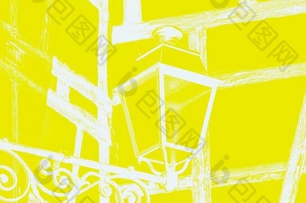 街灯笼一半木制的墙背景生动的黄色的健美的全景格式
