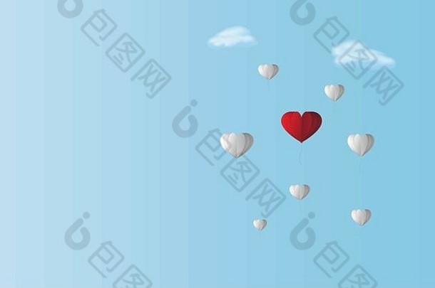 爱红色的心气球白色气球蓝色的天空背景情人节夫妇主题艺术作品区别颜色概念