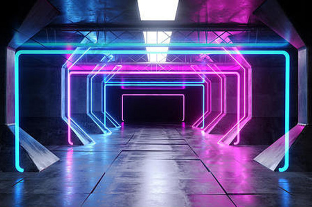 虚拟现实网络sci未来主义的霓虹灯发光的外星人船空间隧道走廊glowoing充满活力的荧光激光蓝色的紫色的粉红色的反光