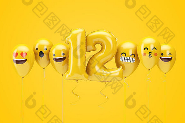 数量黄色的生日表情符号脸气球渲染