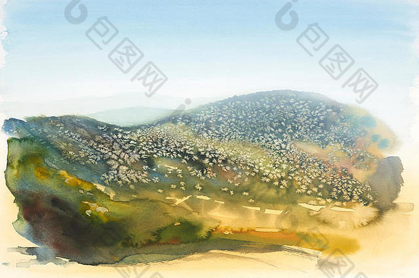 水彩绘画显示景观托斯卡纳夏天时间