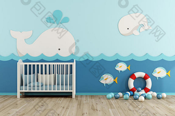 婴儿房间海洋风格摇篮呈现