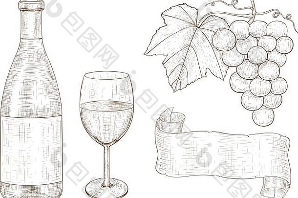酒集botlles酒玻璃葡萄手画草图
