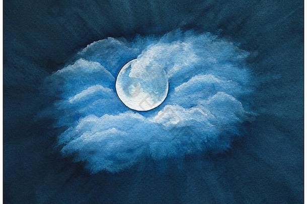 海军蓝色的晚上天空摘要背景浪漫的水彩月亮晚上天空场景手画插图月亮云晚上天空