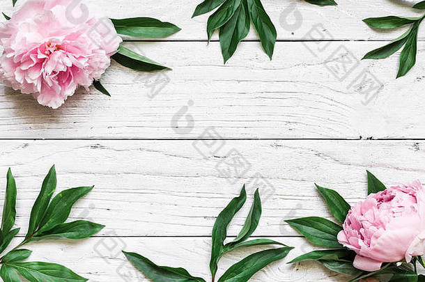 框架使粉红色的牡丹花白色木表格复制空间婚礼邀请前视图平躺自然概念