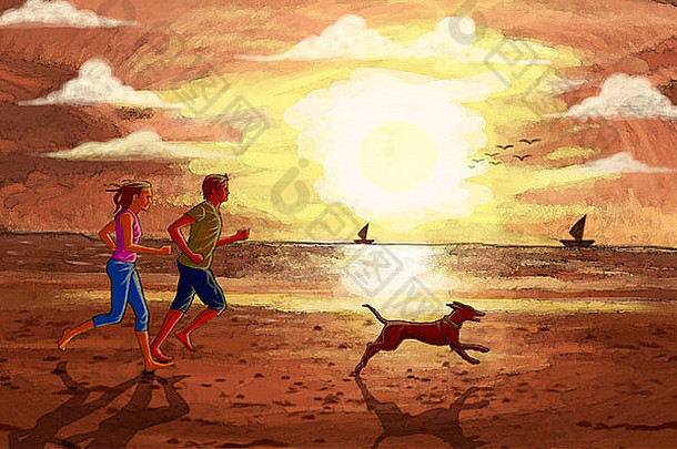 插图夫妇慢跑狗海滩