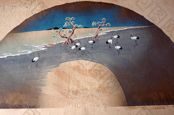 古董日本风扇叶绘画