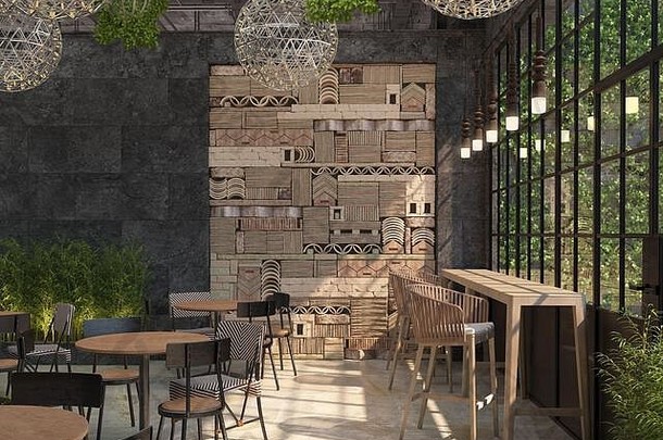 室内设计餐厅阁楼风格表椅子背景黑色的墙装饰面板石头块