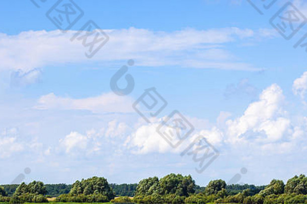 蓝色的天空白色云绿色森林自然全景背景照片