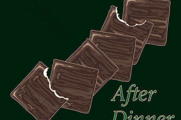 插图传统的巧克力晚餐薄薄荷糖咬黑暗绿色背景