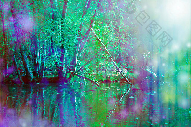 浪漫的河畔自然墙艺术美丽的紫色的生动的绿色河一边场景光散景影响