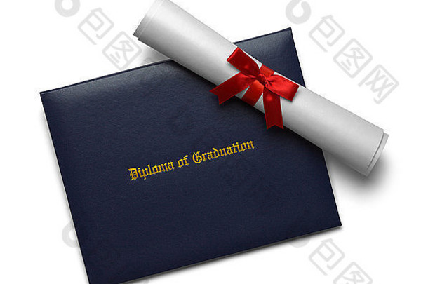 蓝色的文凭毕业封面学位滚动孤立的白色背景