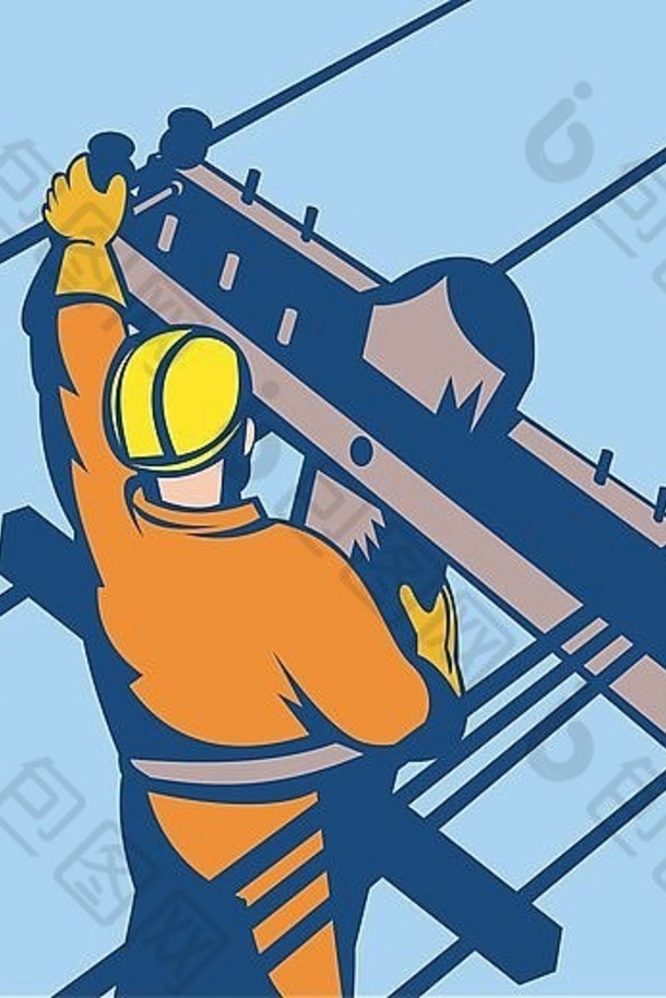 插图权力线路工人电话修理工工人修复权力电缆复古的风格