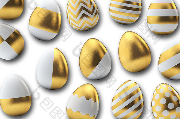 黄金模式复活节鸡蛋白色背景呈现