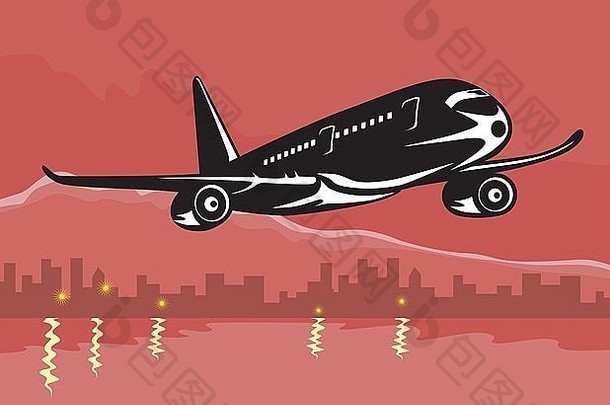 插图商业飞机飞机客机城市山背景