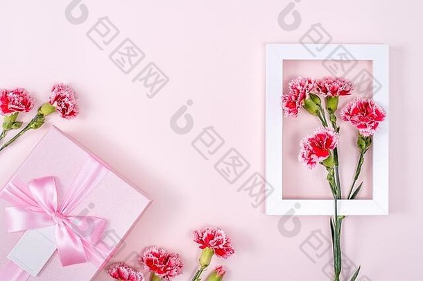 母亲的一天情人节一天背景设计概念美丽的粉红色的红色的康乃馨花花束粉红色的表格前视图平躺复制空间