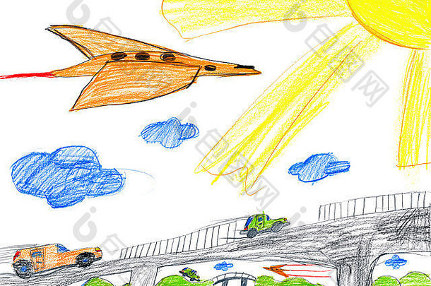车桥飞机孩子画