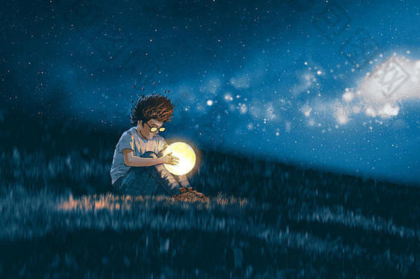 晚上场景显示年轻的男孩月亮手坐着草地数字艺术风格插图绘画