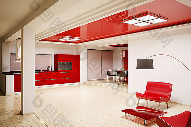 室内现代红色的厨房渲染