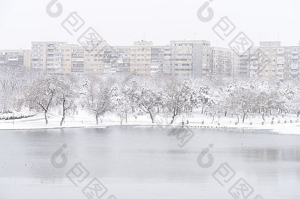 重冬天雪布加勒斯特城市罗马尼亚