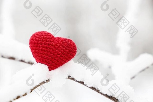 情人节心冬天森林<strong>红色</strong>的针织象征浪漫的爱雪树分支概念情人节一天