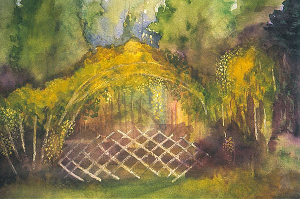 森林花园春天景观场景开花连翘栅栏手工制作的水彩水粉画绘画