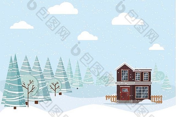 冬天景观国家房子冬天树梳理云雪
