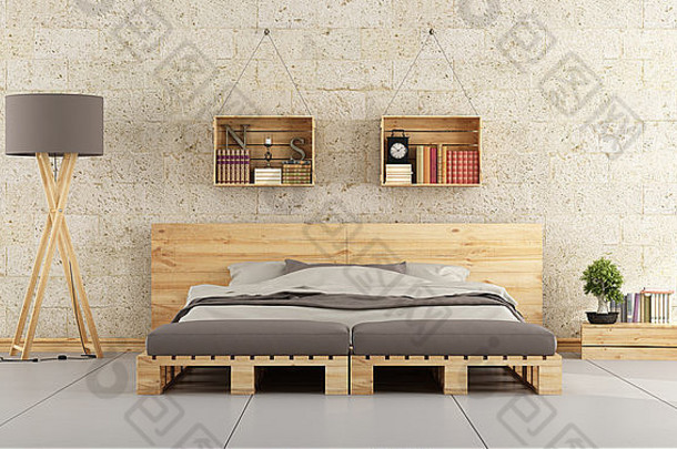 现代卧室床上托盘砖墙