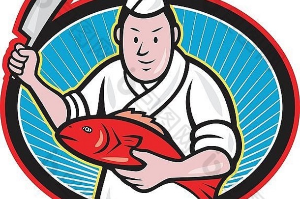 插图日本鱼贩屠夫老板烹饪刀持有红色的鱼孤立的背景