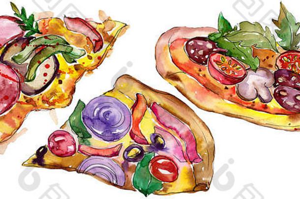 快食物itallian披萨水彩风格集水瓶座食物插图背景孤立的披萨元素