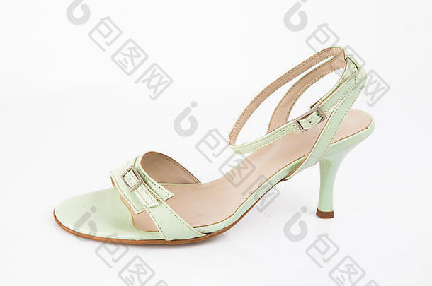 女绿色皮革优雅的凉鞋白色背景孤立的产品舒适的鞋子