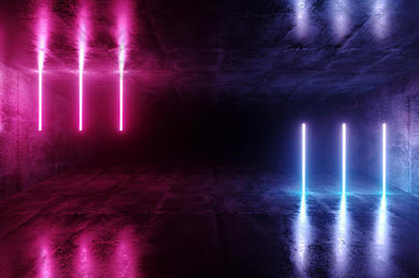 科幻未来主义的摘要梯度蓝色的紫色的粉红色的霓虹灯发光的管反射混凝土地板上黑暗室内房间空空间宇宙飞船渠