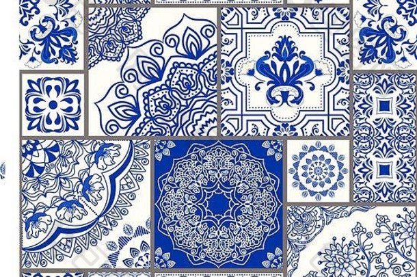 无缝的拼接而成瓷砖维多利亚时代动机撒玛陶器瓷砖蓝色的白色阿祖莱霍原始传统的葡萄牙语西班牙装饰
