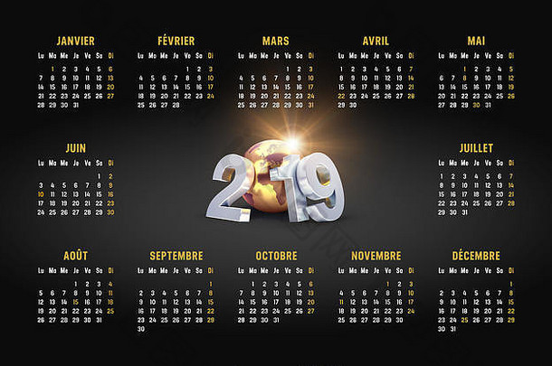 日历法国语言黑色的背景一年日期组成黄金地球周开始周一
