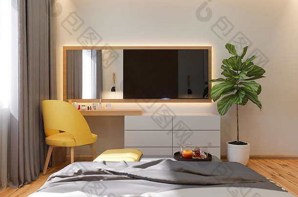 插图卧室室内设计概念斯堪的那维亚风格渲染使明亮的颜色高决议图片网络打印