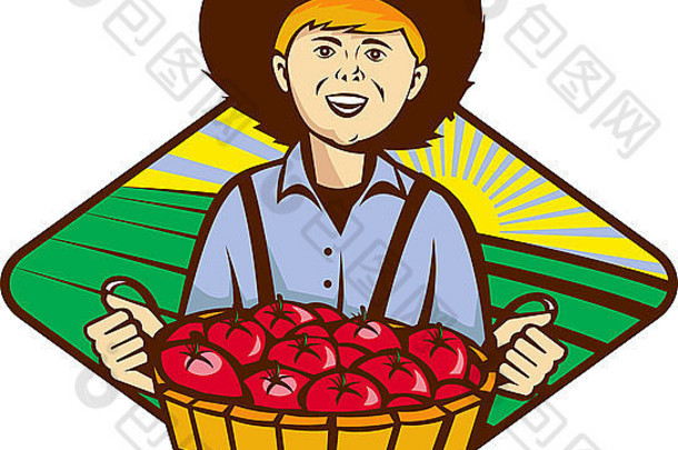 插图农民农场男孩持有篮子番茄收获面对前面集内部钻石形状场的阳光背景复古的风格