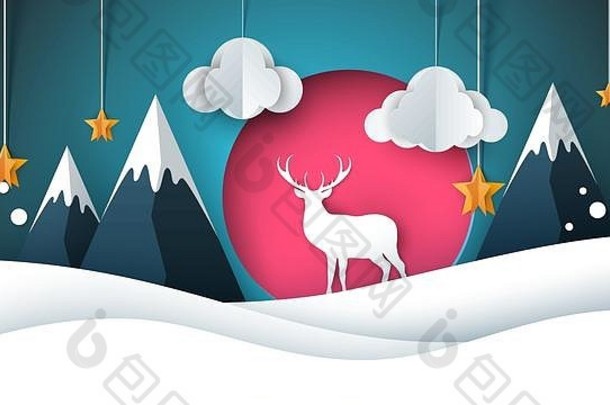 快乐一年插图快乐圣诞节鹿太阳云明星冬天